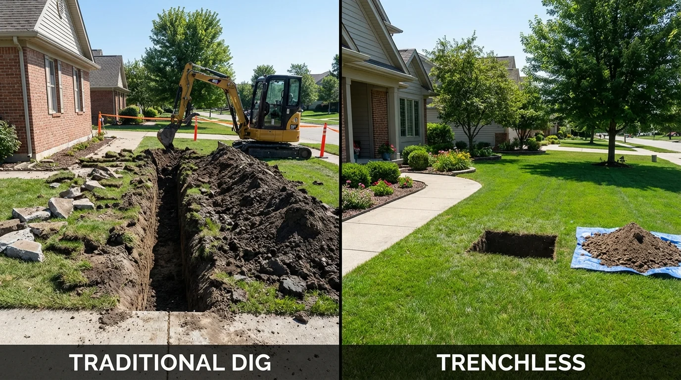 Trenchless sewer repair with minimal yard damage versus traditional excavation in Kankakee, IL