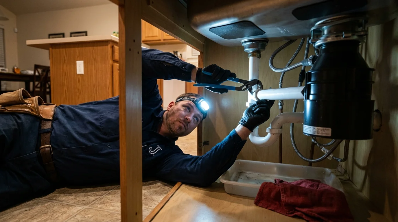 P-trap and supply line connections under a kitchen sink showing a common leak point in Kankakee, IL